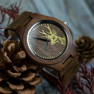 Rustic Vintage Men's Watch - Vintage Black Walnut Deer Head Watch | Round Dial with Arabic Numerals, Quartz Movement, Brown Leather Strap, Perfect