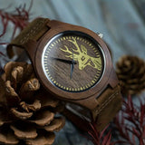 Rustic Vintage Men's Watch - Vintage Black Walnut Deer Head Watch | Round Dial with Arabic Numerals, Quartz Movement, Brown Leather Strap, Perfect