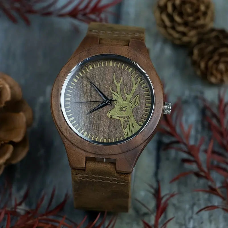 Rustic Vintage Men's Watch - Vintage Black Walnut Deer Head Watch | Round Dial with Arabic Numerals, Quartz Movement, Brown Leather Strap, Perfect