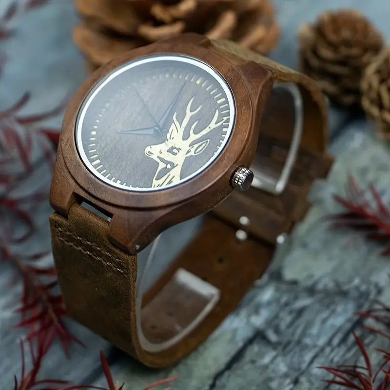 Rustic Vintage Men's Watch - Vintage Black Walnut Deer Head Watch | Round Dial with Arabic Numerals, Quartz Movement, Brown Leather Strap, Perfect