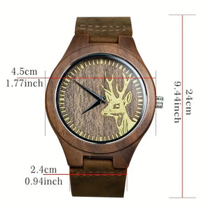 Rustic Vintage Men's Watch - Vintage Black Walnut Deer Head Watch | Round Dial with Arabic Numerals, Quartz Movement, Brown Leather Strap, Perfect