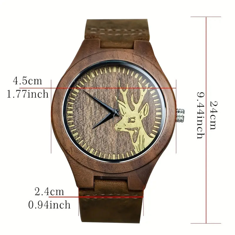 Rustic Vintage Men's Watch - Vintage Black Walnut Deer Head Watch | Round Dial with Arabic Numerals, Quartz Movement, Brown Leather Strap, Perfect