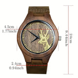 Rustic Vintage Men's Watch - Vintage Black Walnut Deer Head Watch | Round Dial with Arabic Numerals, Quartz Movement, Brown Leather Strap, Perfect
